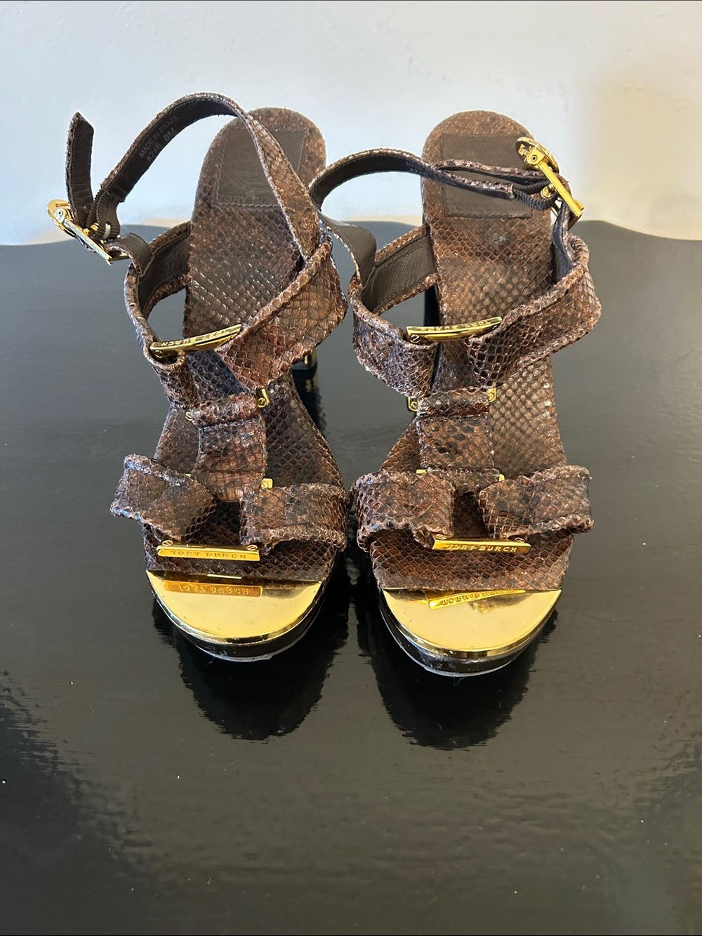 Tory Burch  “Karmen” Snakeprint Sandals with Gold Hardware Size 8